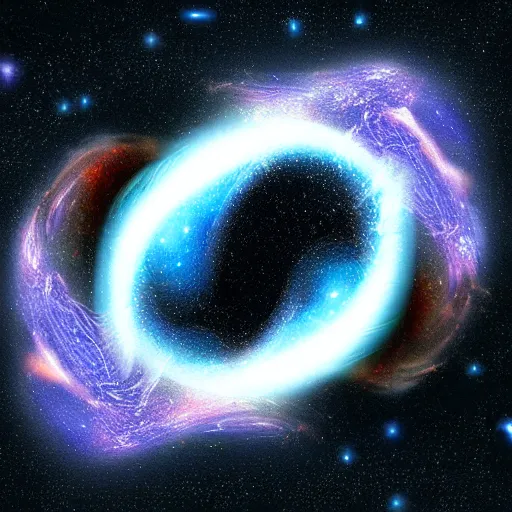Prompt: 2 black holes colliding in space causing an explosion that tears reality, high quality digital art