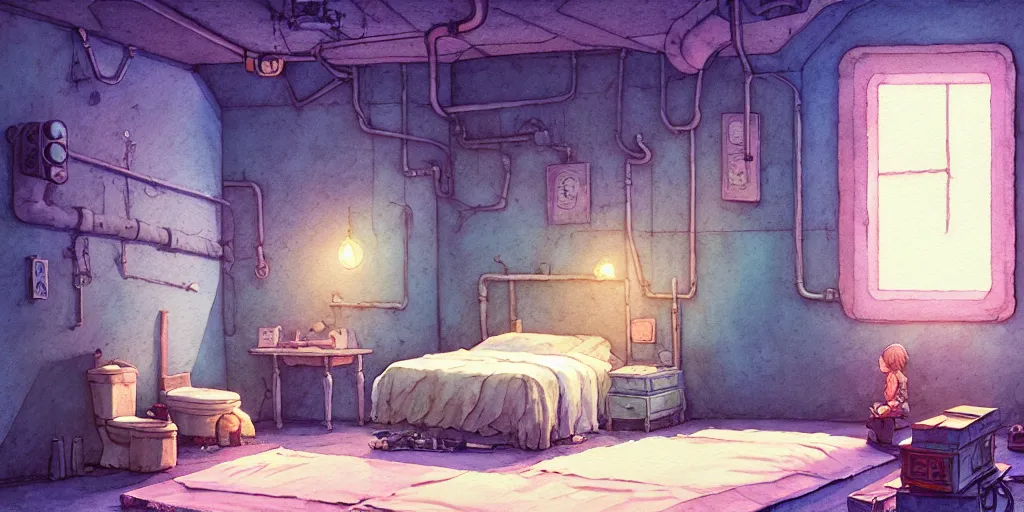 Image similar to room in the sewers, the room is delicate and neat, bed is made, sword rack above the bed, detailed, artstation, 8 k, sci - fi, pastel colors, props, panel, concept, simon stalenhag, in watercolor gouache detailed paintings, moebius, blueprint, building, living room, detailed, posters, sofa