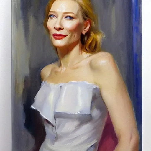 Image similar to cate blanchett in low-cut blouse in front of a mirror, painting by Vladimir Volegov