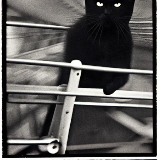 Image similar to black cat in a rollercoaster. polaroid. bleak.