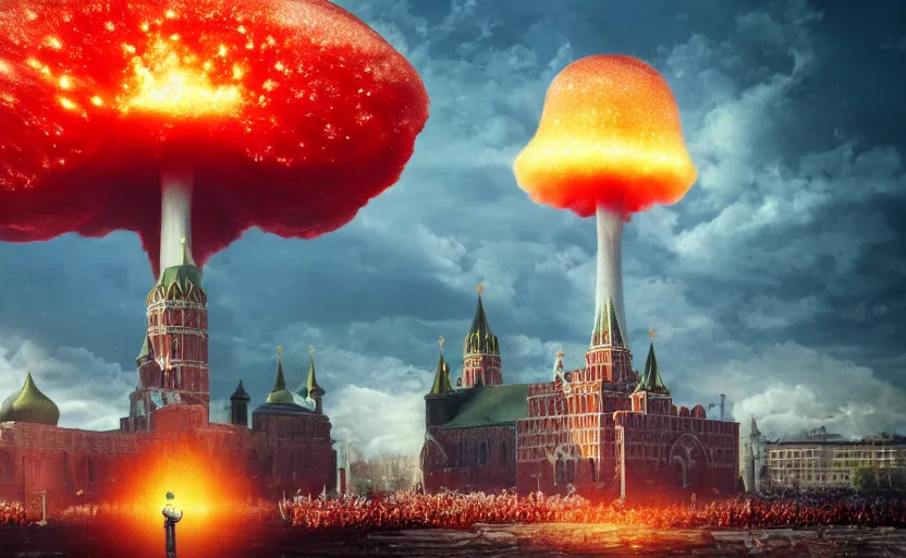 Image similar to nuclear explosion with realistic nuclear mushroom in Red Square Kremlin, intricate, cinematic shot, extremely high detail, photo realistic, cinematic lighting, post processed, artstation, matte painting, smooth, sharp focus, illustration