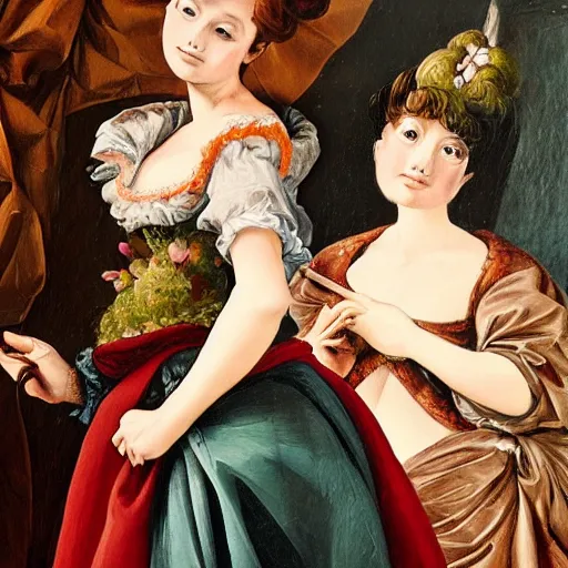 Image similar to oil painting with visible thick brushstrokes, tonal, renaissance, rococo, baroque, manga, creepy young ladies wearing manga dress