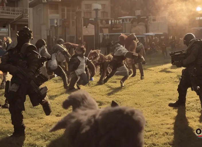 Prompt: mass shooting at a furry convention, epic movie shot, cinematic, volumetric lighting