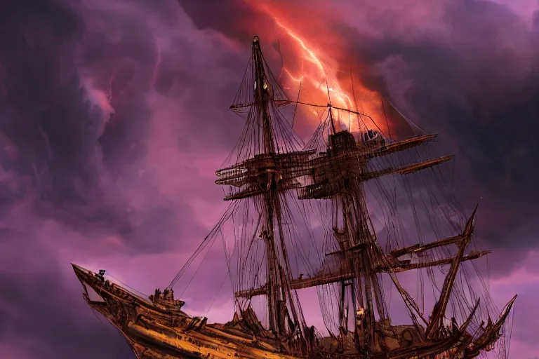 Prompt: a close up very large pirate ship, violent stormy waters, massive fire and electrical storm clouds in epic purple sky, dark night, digital art, cinematic, hd, trending on artstation