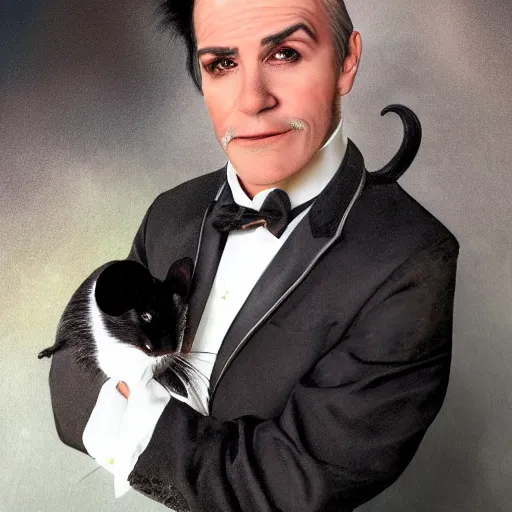 Image similar to photo realistic picture of older fantasy butler that looks similar to michael kane, handsome, 4 k, oil painting filter, balding, well dressed, full body portrait, pet rat on shoulder