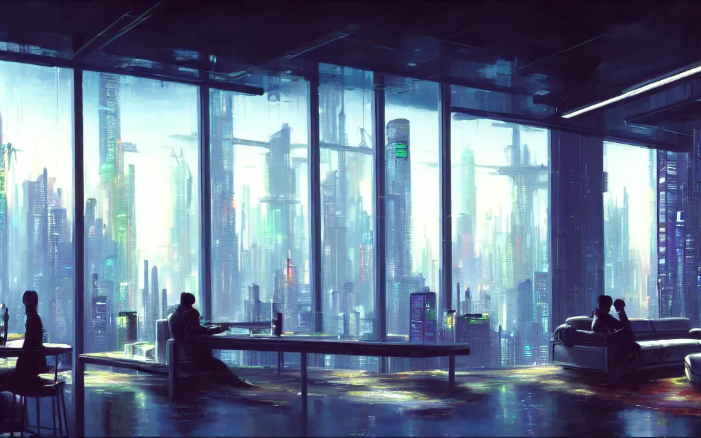 Image similar to cyberpunk loft lounge with tall windows, few people, city in background, drawn by feng zhu, sparse plants, dim painterly lighting volumetric aquatics, impasto