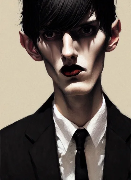 Image similar to portrait of a lanky man with a crooked nose and a confident expression, 1 9 6 0 s, black clothes, goth, punk, funk, intricate, elegant, highly detailed, digital painting, artstation, concept art, smooth, sharp focus, illustration, art by wlop, mars ravelo and greg rutkowski