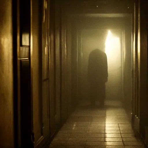 Image similar to A monster is standing in a dimly lit hallway, terrifying visuals, horror elements, dark ambiance.