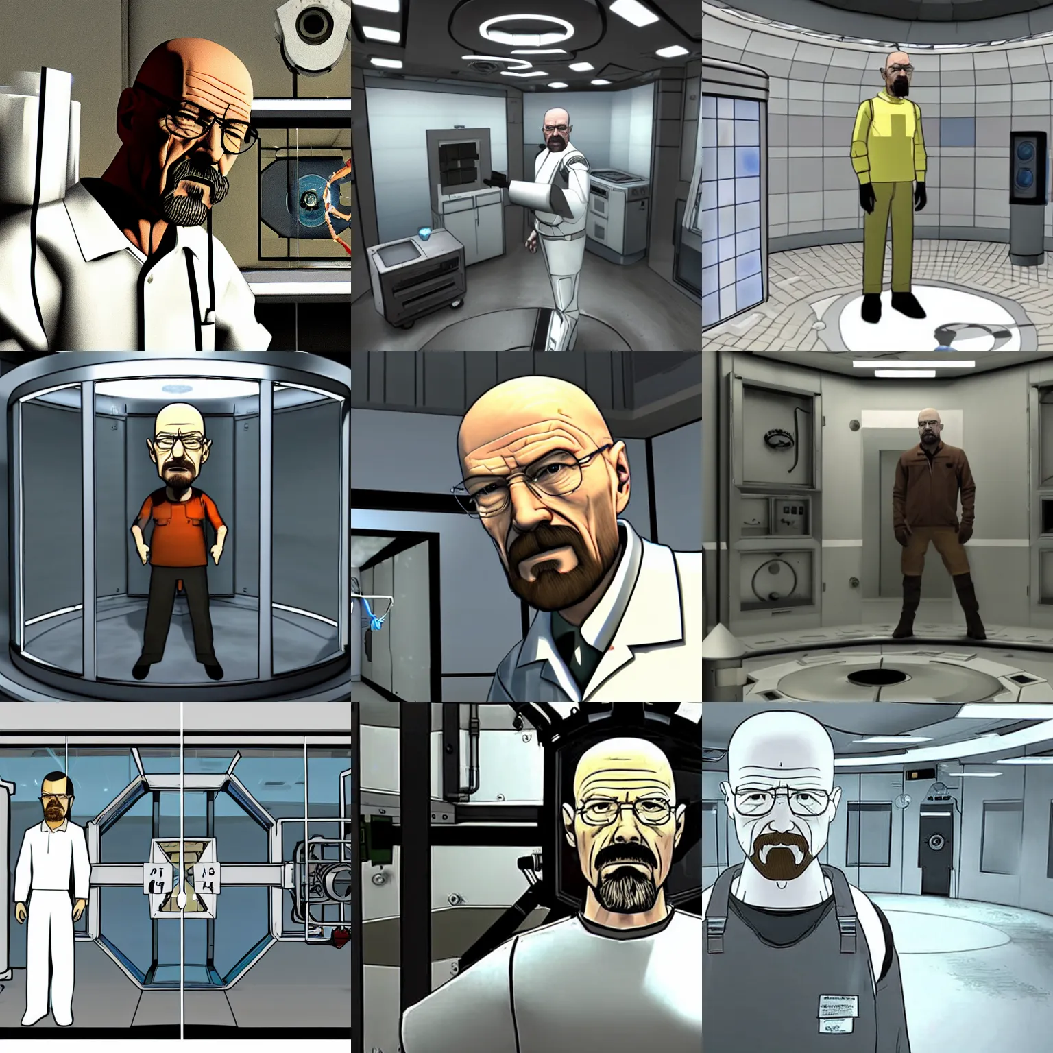 Prompt: Walter White in an Aperture Science test chamber