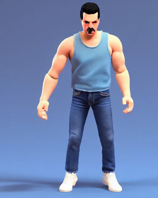 Prompt: full body 3 d render of freddie mercury, white sleeveless tank top blue jeans as a funko pop!, four, studio lighting, white background, single body, no shadow, blender, trending on artstation, 8 k, highly detailed