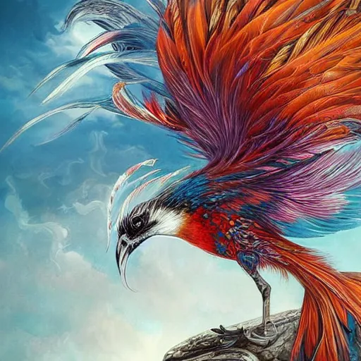 Prompt: a picture of a bird with feathers on it, a detailed painting by android jones, featured on cgsociety, fantasy art, detailed painting, high detail, full of details, high resolution, vibrant colors, feathers, bird, flying, wings, sky, clouds