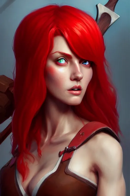 Image similar to a woman with red hair holding two large axes, concept art by senior character artist, true anatomy, extremely beautiful face, extremely detailed face, artstation contest winner, fantasy art, concept art, artstation hd, 2 d game art