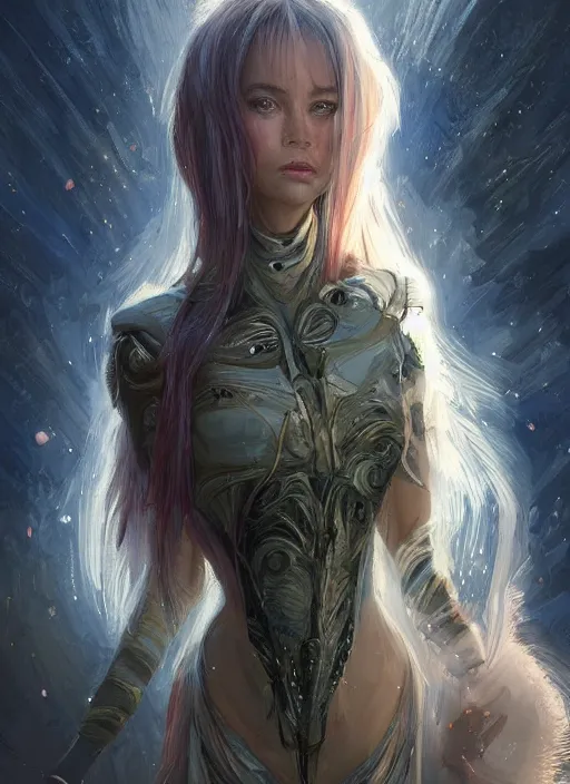 Image similar to a professional painting of a beautiful young female alien, clothed in ethereal armor, olive skin, long dark hair, beautiful bone structure, symmetrical facial features, intricate, elegant, digital painting, concept art, smooth, sharp focus, illustration, from Valerian and the City of a Thousand Planets, by Ruan Jia and Mandy Jurgens and Artgerm and William-Adolphe Bouguerea