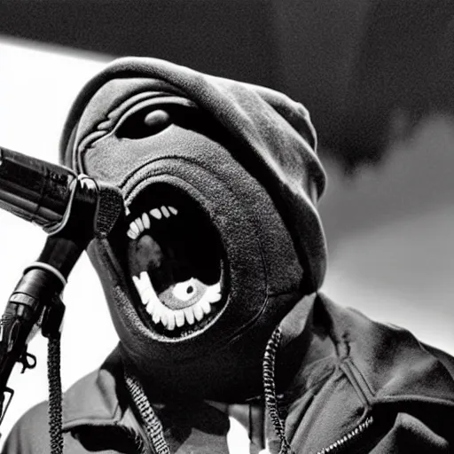 Image similar to rapper emcee mf doom screaming on the mic because the microphone is not working.