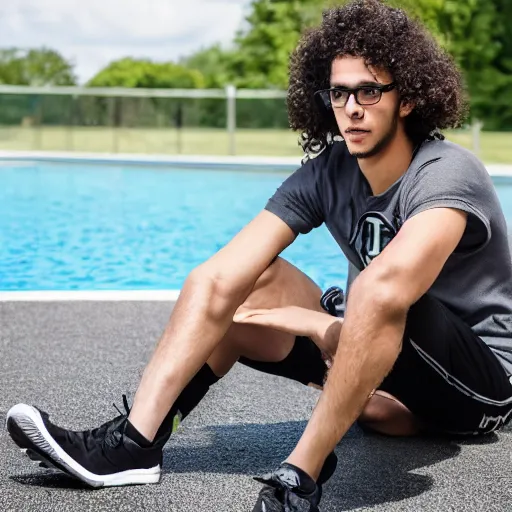 Prompt: 20 year old 1/4 black white mixed male with long brown puffy curly hair, square jaw, wearing black rimmed glasses, workout shorts, a t-shirt, and slides