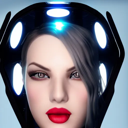 Prompt: an immaculate blender render high key lighting headshot rendering of an attractive curvy cybernetic goth woman with embedded LEDs, a cybernetic eye, and an exoskeleton.