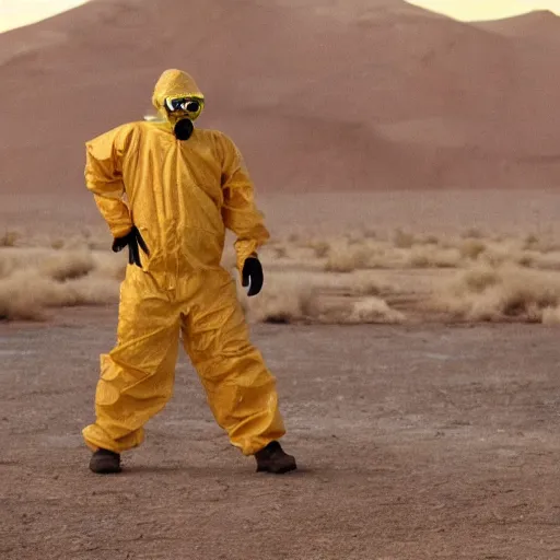 Prompt: a man wearing a hazmat suit and goggles, in the desert, film still, directed by vince gilligan