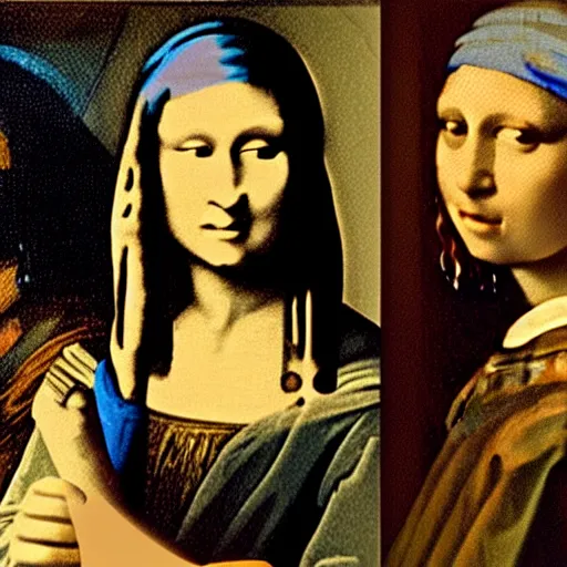 Prompt: Mona Lisa playing cards with The girl with the pearl earring