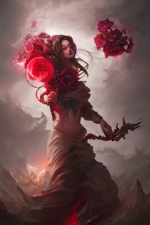 Image similar to beautiful girl necromancer covered with blood heaven clouds and storm, 3 d render, hyper realistic detailed portrait, holding magic flowers, scifi, fantasy, hyper detailed, octane render, concept art, peter mohrbacher, artgerm, ruan jia, wlop