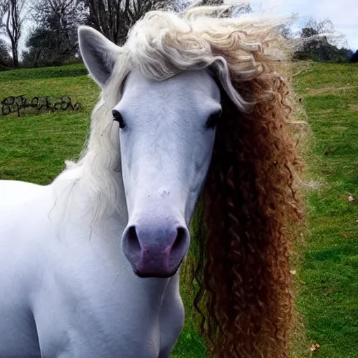 Image similar to a photo of a beautiful white horse with long •••••curly••••• hair