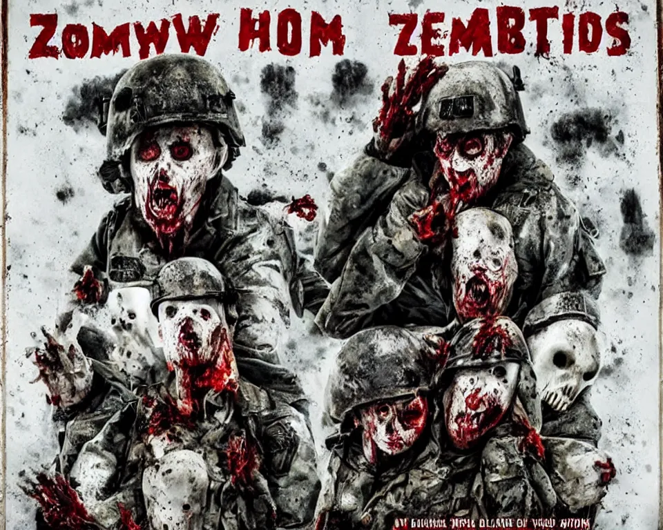 Prompt: a horror movie poster featuring zombie snowmen wearing army helmets