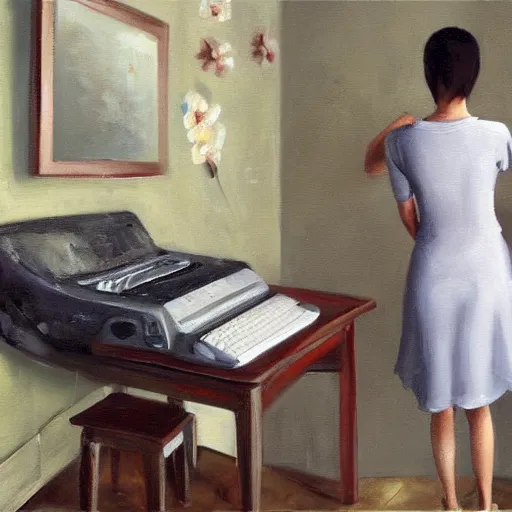 Image similar to oil painting, full room view, skinny female artist back view, dark hair, pale grey babydoll dress with 3d flowers, typing on a computer keyboard facing a giant wall size computer screen