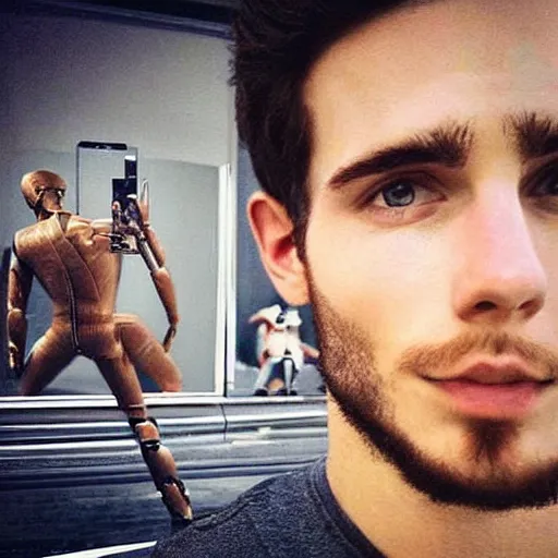 Image similar to “a realistic detailed photo of a guy who is an attractive humanoid who is half robot and half humanoid, who is a male android, Tyler Seguin, shiny skin, posing like a statue, blank stare”