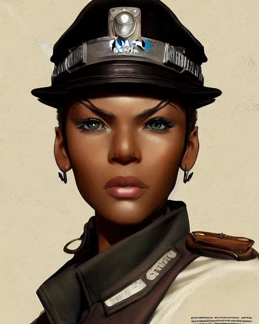 Prompt: A black dieselpunk policewoman, visualartzi, dieselpunk, anime, portrait, concept art by Karla Ortiz, James Paick, Charlie Bowater, Krenz Cushart, highly detailed, ultra detailed, ultra realistic, trending on artstation, cgstudio