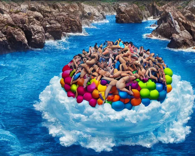 Prompt: a massive sculpture of desperate people climbing a perfect sphere on the ocean water, in the style of jeff koons and michelangelo, inspired by the greatest sculptors, cinematic, hyper - realistic, very detailed, realistic water splashes, ray tracing, 8 k resolution, long - shot, sharp focus, low angle, 8 5 mm photograph, wide lens