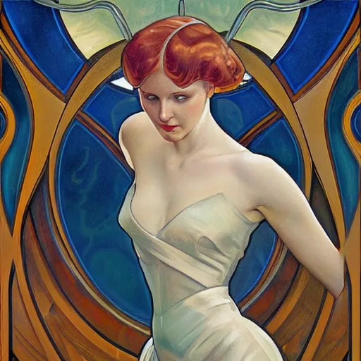 Image similar to a streamline moderne painting in the style of donato giancola, and in the style of charlie bowater, and in the style of alphonse mucha. symmetry, smooth, sharp focus, semi - realism, intricate detail.