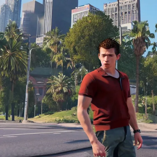 Image similar to in-game screenshot of of Tom Holland in GTA V, 3d render, Unreal Engine, octane render, ray tracing, Unity, highly detailed, high quality, HD, 4k, 8k, realistic, sharp, trending