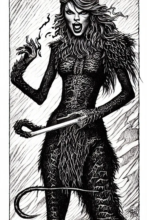 Image similar to taylor swift as a d & d smoke monster, full body, pen - and - ink illustration, etching, by russ nicholson, david a trampier, larry elmore, 1 9 8 1, hq scan, intricate details, inside stylized border