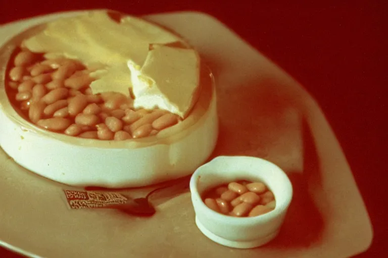 Prompt: yogurt, baked bean and cheese aspic, in 1 9 9 5, y 2 k cybercore, industrial low - light photography, still from a ridley scott movie