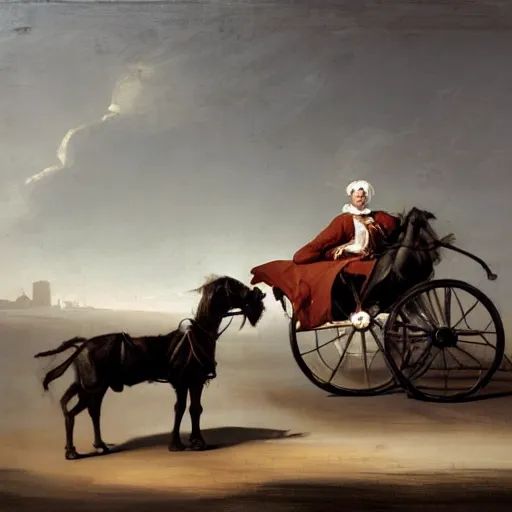 Image similar to improvisational, dreary by michael carson, by bernardo bellotto. the photograph features a human figure driving a chariot. the figure is skeletal & frail, with a large head & eyes. the chariot is pulled by two animals, which are also skeletal & frail.