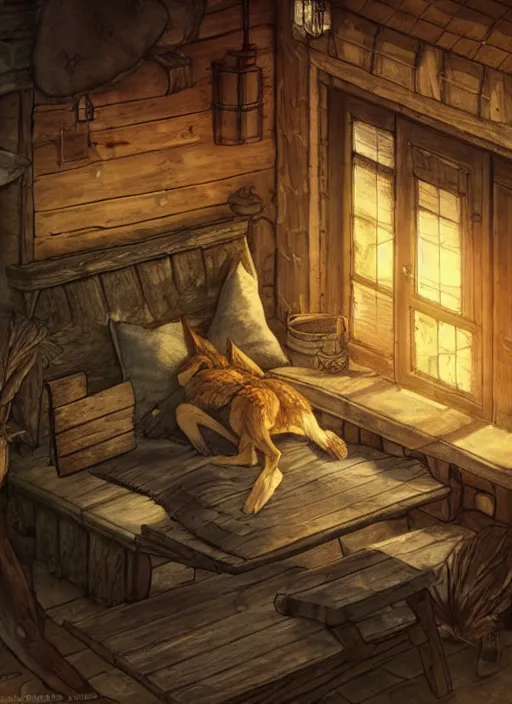 Image similar to cute coyote sleeping on a bench in a cozy tavern, hidari, color page, tankoban, 4K, tone mapping, Akihiko Yoshida.