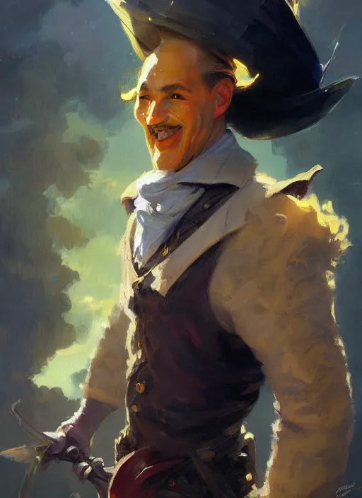 Prompt: fantasy art smug smile man, fancy flashy hat, colorful rich fantasy clothing, sharp fashion, slick hair, oil painting, hd, character portrait, artstation, n. c. wyeth, sargent, greg rutkowski, no beard, insane details, hq,