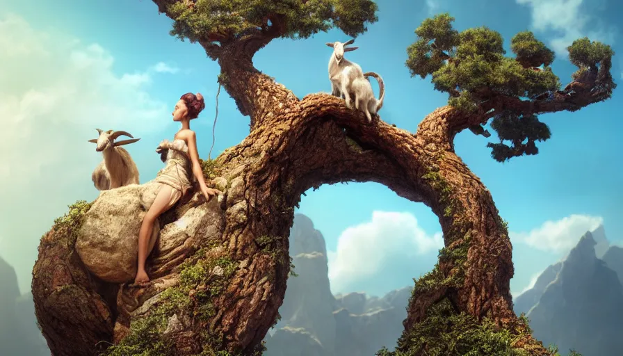 Image similar to very very small goat, sitting on a gigantic dragon tree in socotra island by ilya kuvshinov, rtx rendering, octane render 1 2 8 k, maya, extreme high intricate details by tom bagshaw, medium shot, close up shot, composition by sana takeda, lighting by greg rutkowski