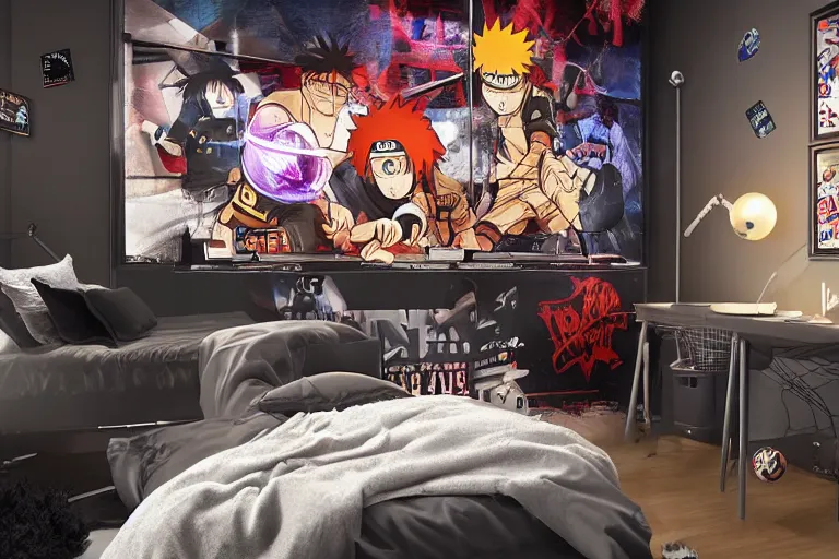 Image similar to teenager bedroom in industrial style, street art basketball and naruto manga style decorated wall, futuristic ambiance, gamer screen on metallic desk, cyber, intricate, very detailed, soft lighting, 8 k hd