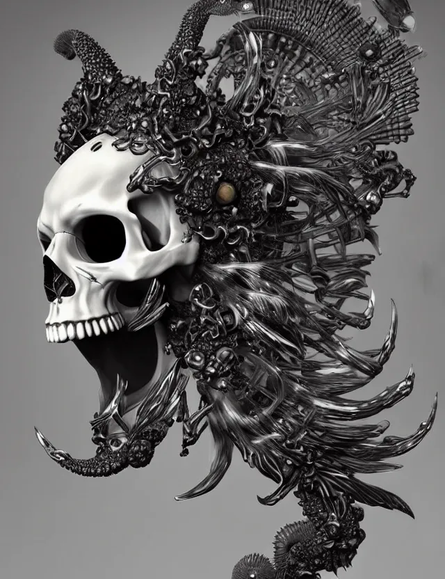 Image similar to 3 d goddess close - up profile skull biohazard portrait with crown, ram skull. beautiful intricately detailed japanese crow kitsune mask and clasical japanese kimono. betta fish, jellyfish phoenix, bio luminescent, plasma, ice, water, wind, creature, artwork by tooth wu and wlop and beeple and greg rutkowski