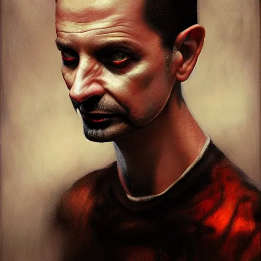 Image similar to portrait of dave gahan as a young zombie with whitened eyes and cuts, 7 days to die zombie, fine art, award winning, intricate, elegant, sharp focus, cinematic lighting, highly detailed, digital painting, 8 k concept art, art by z. w. gu and alex konstad and brom and michael hussar, masterpiece, 8 k