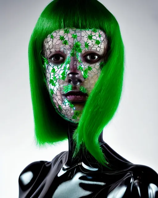 Prompt: symmetrical close - up portrait of a woman wearing a translucent silicone beauty mask and green hair, wearing a black bodysuit by alexander mcqueen, standing in a garden full of plastic translucent flowers, black background, soft diffused light, biotechnology, humanoide robot, bjork aesthetic, translucent, by rineke dijkstra, intricate details, highly detailed, masterpiece,