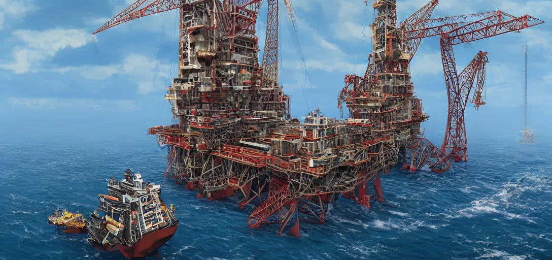 Image similar to offshore oil rig in treacherous waters, highly detailed, ultra detailed, award-winning, trending on artstation, megalophobia