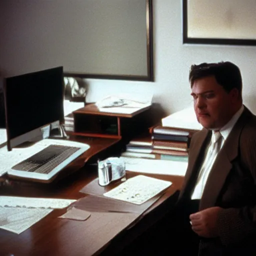 Image similar to cinematic film still from 1 9 9 4 film : portly clean - shaven white man wearing suit and necktie at his desk. he has his right foot propped up on his desk. xf iq 4, f / 1. 4, iso 2 0 0, 1 / 1 6 0 s, 8 k, raw, dramatic lighting, symmetrical balance, in - frame
