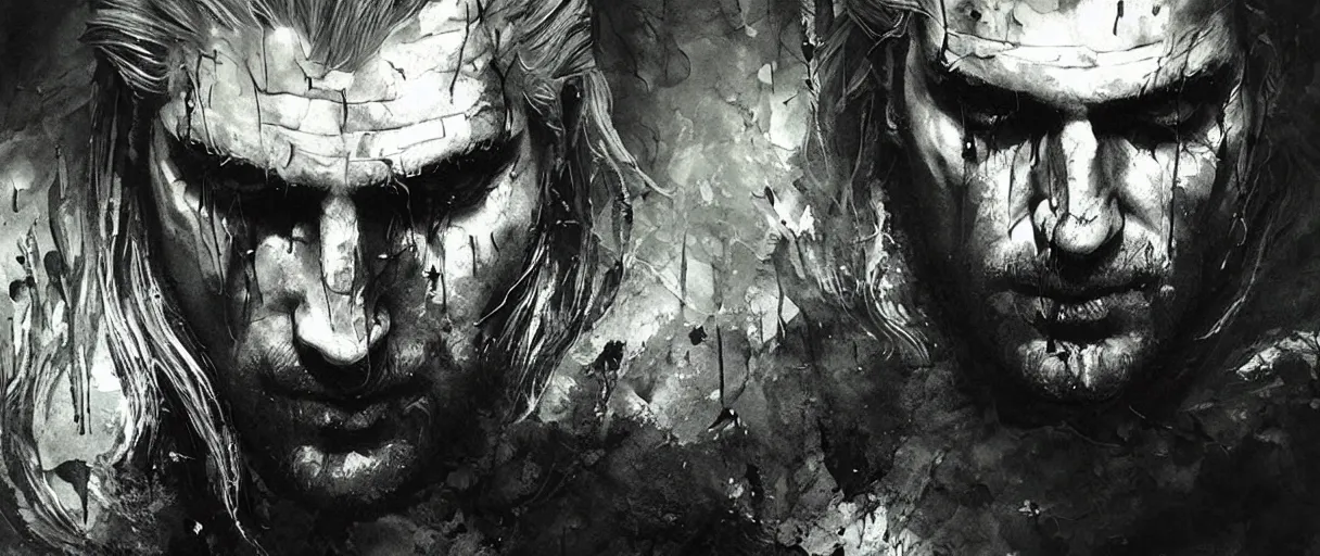 Prompt: monochrome portrait of geralt of rivia the witcher by emil melmoth zdzislaw beksinki craig mullins yoji shinkawa realistic render ominous detailed photo atmospheric by jeremy mann francis bacon and agnes cecile ink drips paint smears digital glitches glitchart