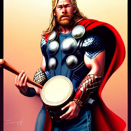 Image similar to thor playing the bongos, comic style by guweiz and stanley artgerm, extremely high quality artwork, very detailed, trending on artstation