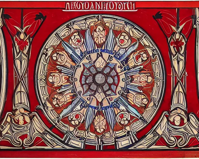 Image similar to symmetrical mural painting from the early 1 9 0 0 s in the style of art nouveau, red curtains, art nouveau design elements, art nouveau ornament, scrolls, flowers, flower petals, rose, opera house architectural elements, mucha, masonic symbols, masonic lodge, joseph maria olbrich, simple, iconic, masonic art, masterpiece