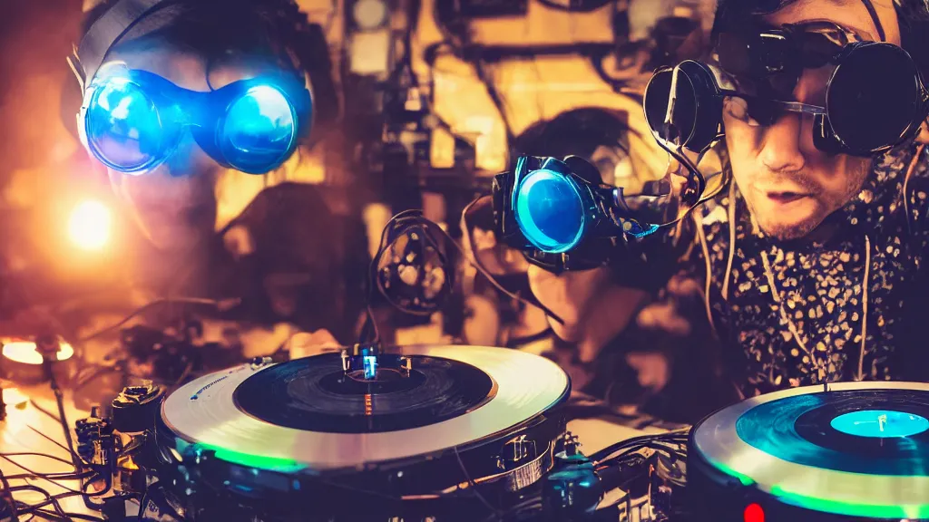 Image similar to a person wearing goggles and visor and headphones using a steampunk record player contraption, wires and tubes, turntablism dj scratching, intricate planetary gears, cinematic, imax, sharp focus, leds, bokeh, iridescent, black light, fog machine, hazy, lasers