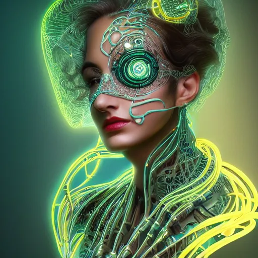 Image similar to beautifull woman integrating with technology, full face, detailed intricate ornate cables connected to head, big open electric eyes, luxurious detailed abundent wiring and implants, sci-fi, neon, emeralds, detailed technology full background, highly detailed, Rene Lalique and Eddie Mendoza