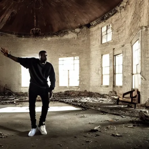 Prompt: kanye west dancing in an abandoned mansion, ominous lighting, realistic, elegant, beautiful, 4 k, sad.