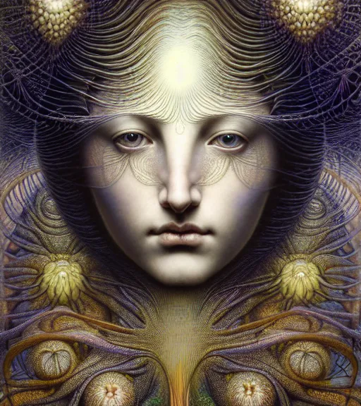 Image similar to detailed realistic beautiful glowing goddess face portrait by jean delville, gustave dore, iris van herpen and marco mazzoni, art forms of nature by ernst haeckel, art nouveau, symbolist, visionary, gothic, neo - gothic, pre - raphaelite, fractal lace, intricate alien botanicals, biodiversity, surreality, hyperdetailed ultrasharp octane render